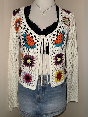 Luna Ivy Granny Square Crochet Cropped Sweater,Size-M;exclusive to Anthropologie